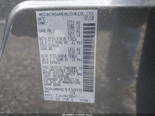 Auction sale of the 2019 Infiniti Qx60 Pure, vin: 5N1DL0MN4KC535070, lot number: 43690672