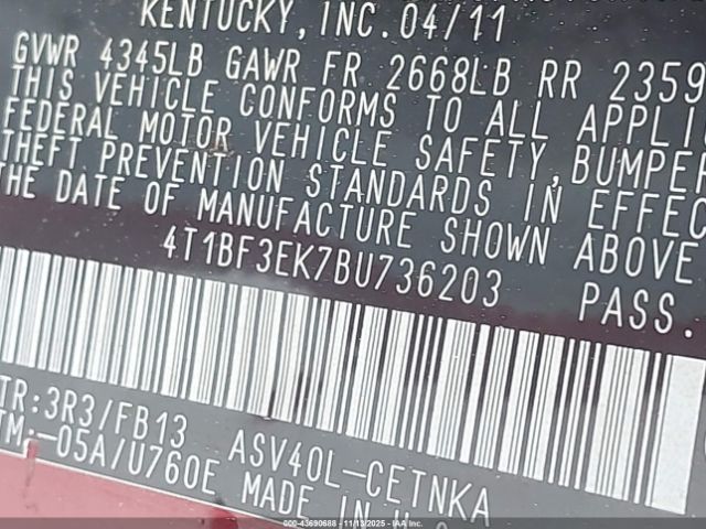 2011 TOYOTA CAMRY 4T1BF3EK7BU736203 Photo 8
