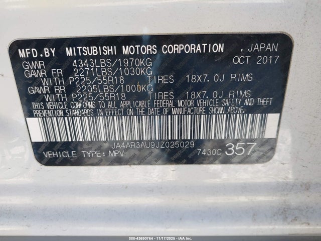 Aukcja sprzedaży 2018 Mitsubishi Outlander Sport 2.0 Le, vin: JA4AR3AU9JZ025029, numer aukcji: 43690764