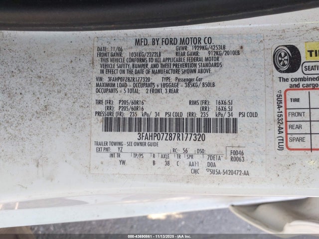 Aukcja sprzedaży 2007 Ford Fusion Se, vin: 3FAHP07Z87R177320, numer aukcji: 43690861