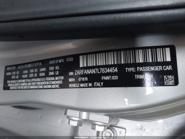 2020 ALFA ROMEO GIULIA ZARFANAN7L7634454 Photo 8