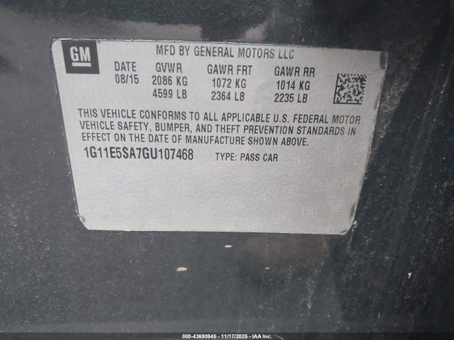 Продаж на аукціоні авто 2016 Chevrolet Malibu Limited Ltz, vin: 1G11E5SA7GU107468, номер лоту: 43690945