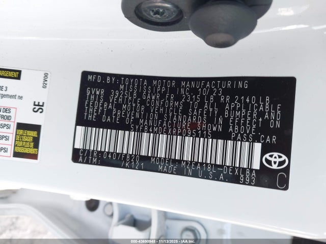 2024 Toyota Corolla Le მანქანა იყიდება აუქციონზე, vin: 5YFB4MDEXRP095115, აუქციონის ნომერი: 43690948