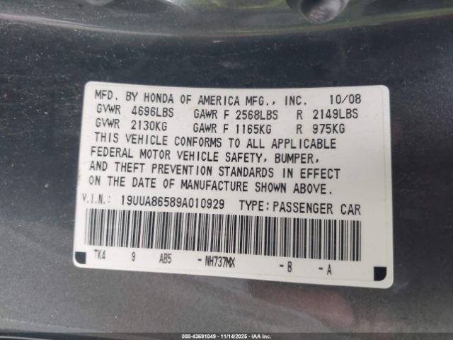 2009 ACURA TL 19UUA86589A010929 Photo 8
