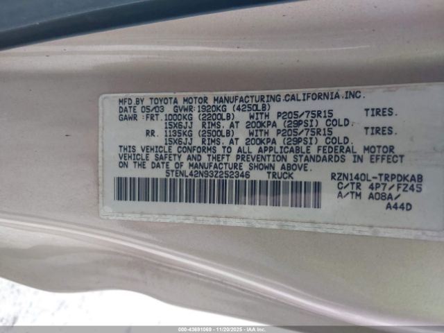 2003 TOYOTA TACOMA 5TENL42N93Z252346 Photo 8