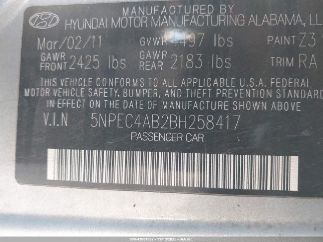 2011 HYUNDAI SONATA 5NPEC4AB2BH258417 Photo 8