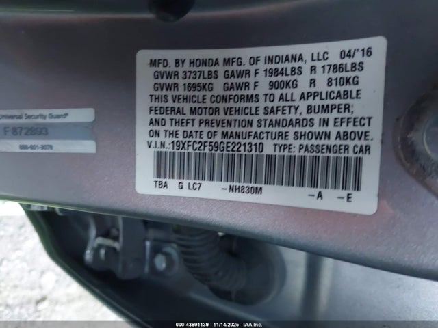 Honda Civic Lx 2016 19XFC2F59GE221310 Image 9