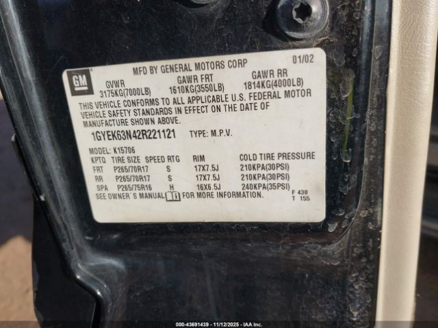 2002 CADILLAC ESCALADE 1GYEK63N42R221121 Photo 8