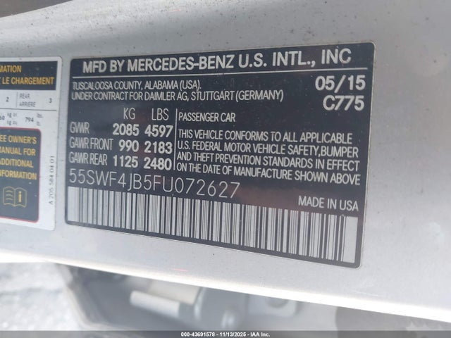 2015 Mercedes-benz C 300 Sport მანქანა იყიდება აუქციონზე, vin: 55SWF4JB5FU072627, აუქციონის ნომერი: 43691578
