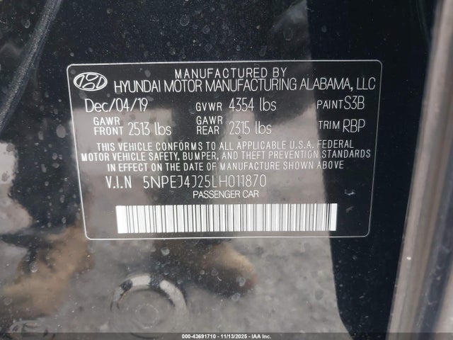 5NPEJ4J25LH011870 Hyundai Sonata Sel Plus
