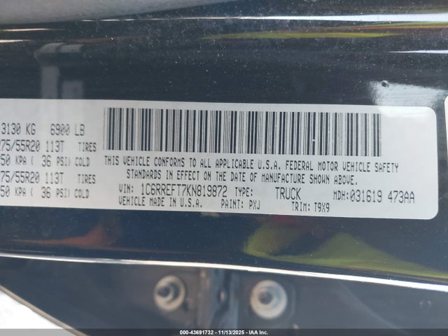 Продаж на аукціоні авто 2019 Ram 1500 Big Horn/lone Star  4x2 5'7 Box, vin: 1C6RREFT7KN819872, номер лоту: 43691732