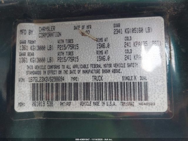 1997 DODGE DAKOTA 1B7GL23X3VS298694 Photo 8