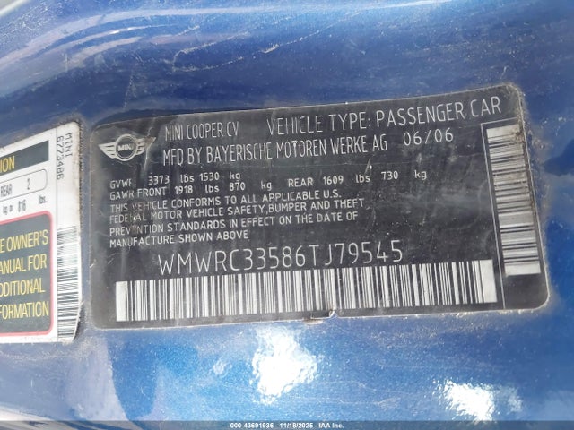 2006 MINI COOPER WMWRC33586TJ79545 Photo 8