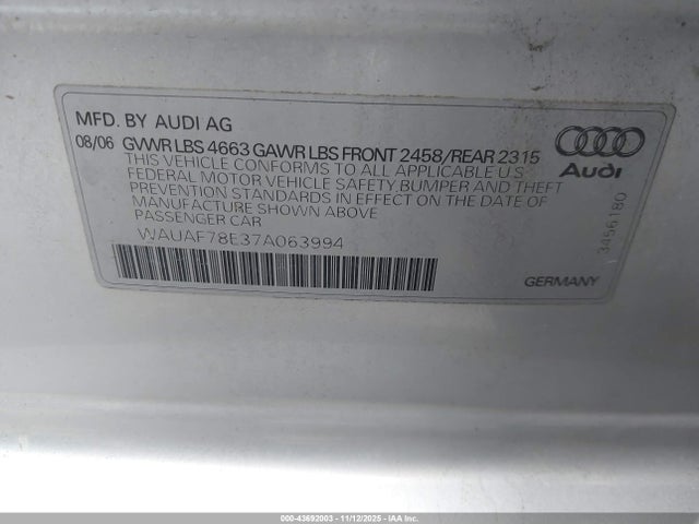 2007 AUDI A4 WAUAF78E37A063994 Photo 8