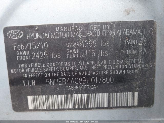 2011 HYUNDAI SONATA 5NPEB4AC8BH017800 Photo 8