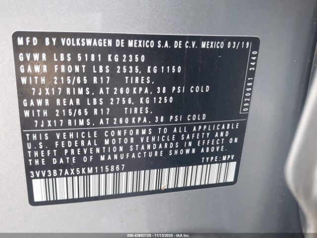 2019 VOLKSWAGEN TIGUAN 3VV3B7AX5KM115867 Photo 8