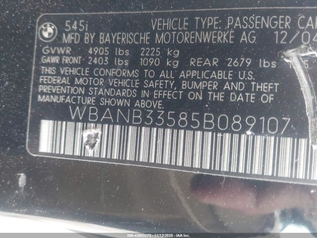 2005 BMW 545I WBANB33585B089107 Photo 8