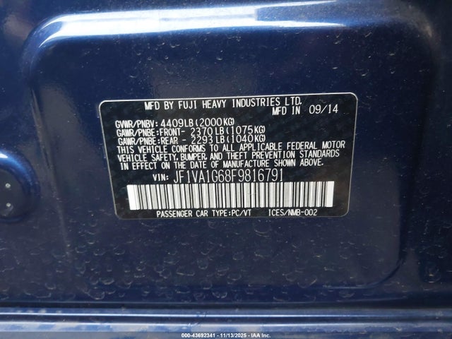 Subaru Wrx Limited 2015 JF1VA1G68F9816791 Image 9