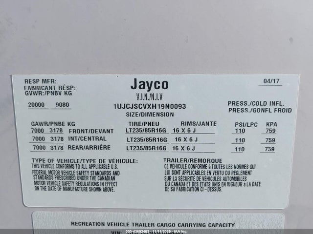 1UJCJSCVXH19N0093 Jayco Seismic 4113