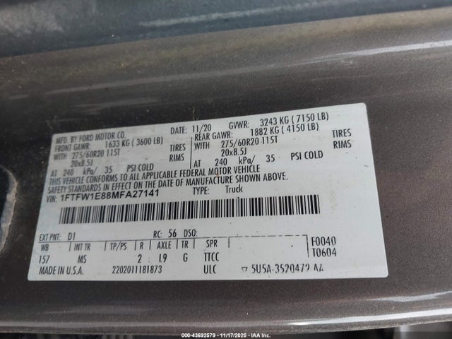 1FTFW1E88MFA27141 Ford F-150 Xlt