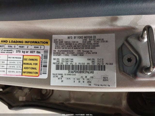 Ford FUSION SE 2017 3FA6P0HD8HR396340 Image 9