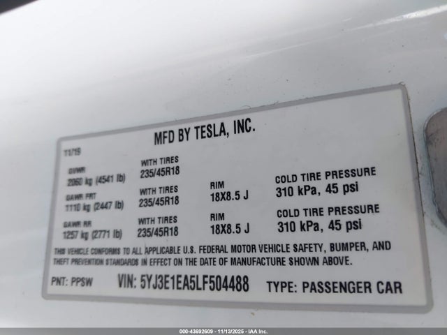 2020 TESLA MODEL 3 5YJ3E1EA5LF504488 Photo 8