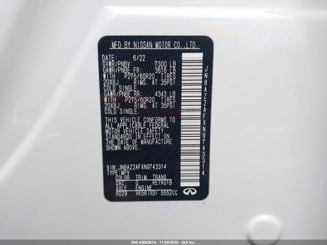 43692674 :رقم المزاد ، JN8AZ2AFXN9743314 vin ، 2022 Infiniti Qx80 Luxe مزاد بيع