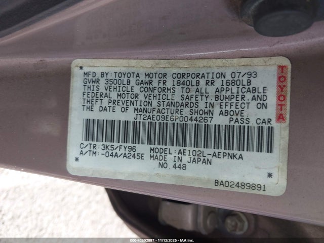 1993 TOYOTA COROLLA JT2AE09E6P0044267 Photo 8