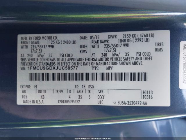 2018 FORD ESCAPE 1FMCU9GDXJUC58577 Photo 8