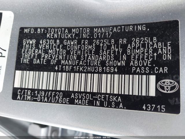 2017 TOYOTA CAMRY 4T1BF1FK2HU381694 Photo 8