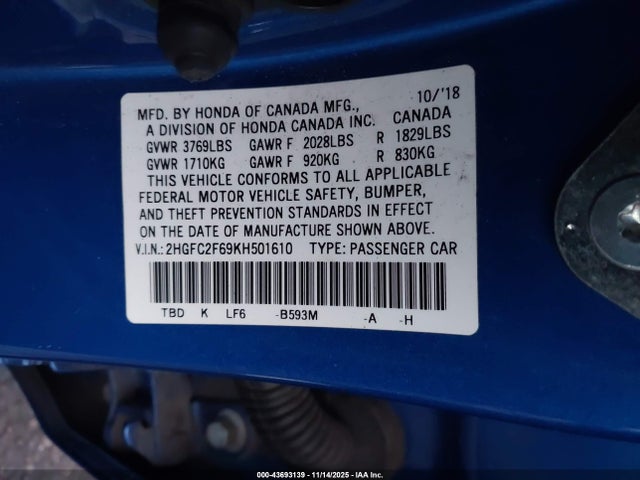 Honda Civic Lx 2019 2HGFC2F69KH501610 Image 9