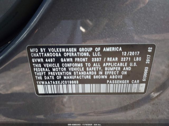 2018 VOLKSWAGEN PASSAT 1VWAA7A3XJC019963 Photo 8