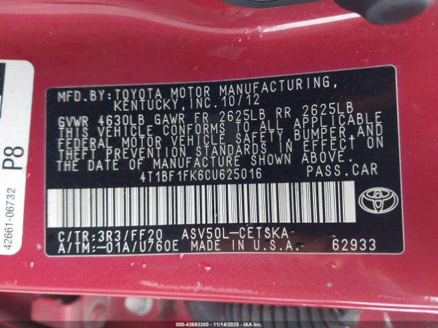 2012 TOYOTA CAMRY 4T1BF1FK6CU625016 Photo 8