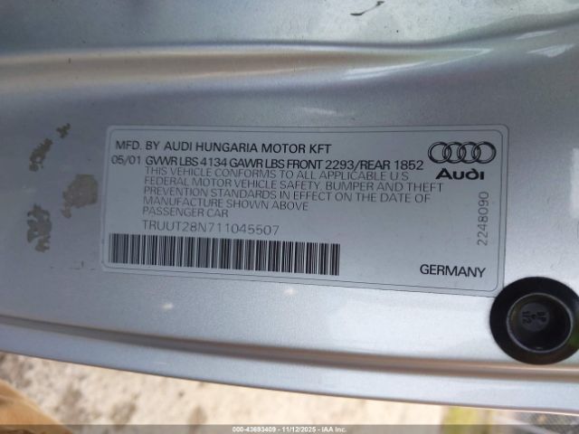 2001 AUDI TT TRUUT28N711045507 Photo 8