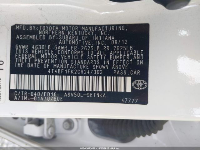 2012 TOYOTA CAMRY 4T4BF1FK2CR247363 Photo 8