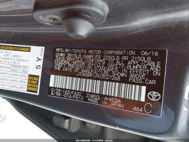 JTDKBRFU9G3527268 Toyota Prius Two