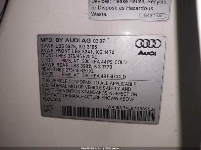 2007 AUDI Q7 WA1BV74L87D089532 Photo 8
