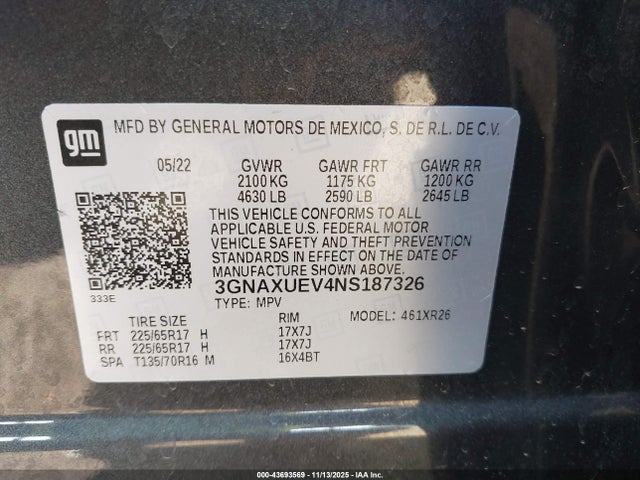 Продаж на аукціоні авто 2022 Chevrolet Equinox Awd Lt, vin: 3GNAXUEV4NS187326, номер лоту: 43693569