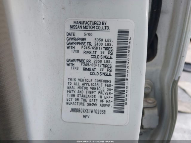 2001 INFINITI QX4 JNRDR07X41W102958 Photo 8