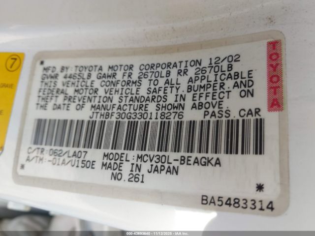 2003 LEXUS ES 300 JTHBF30G330118276 Photo 8