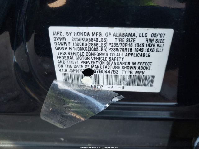 2007 HONDA PILOT 5FNYF28707B044753 Photo 8