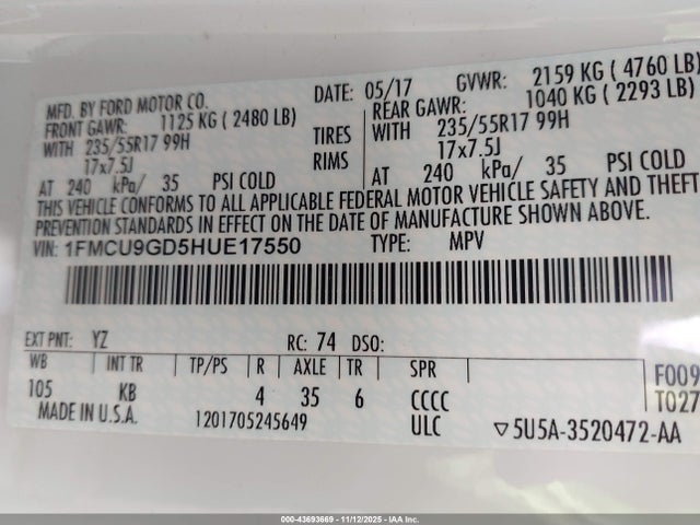 Ford ESCAPE SE 2017 1FMCU9GD5HUE17550 Image 9