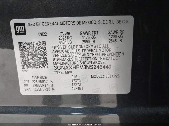 3GNAXHEV3NS246440 Chevrolet Equinox Fwd Ls