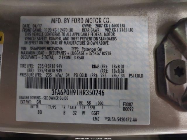 2017 FORD FUSION 3FA6P0H91HR350246 Photo 8