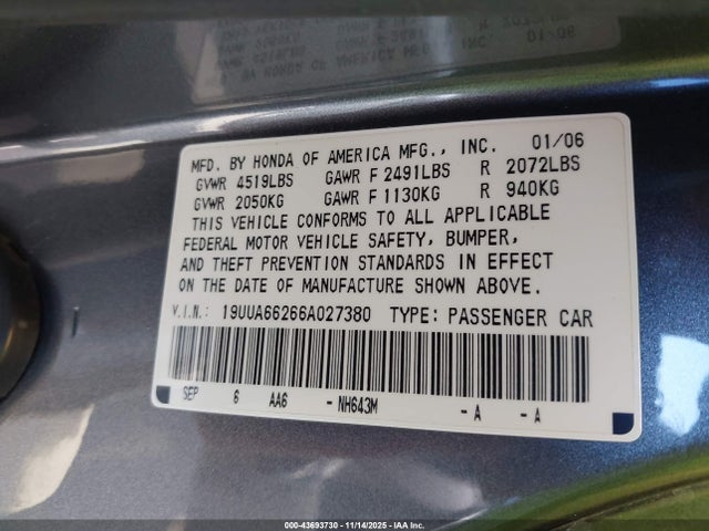 43693730 :رقم المزاد ، 19UUA66266A027380 vin ، 2006 Acura Tl مزاد بيع