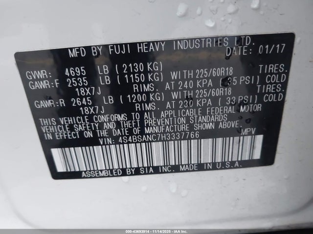4S4BSANC7H3337766 Subaru Outback 2.5i Limited