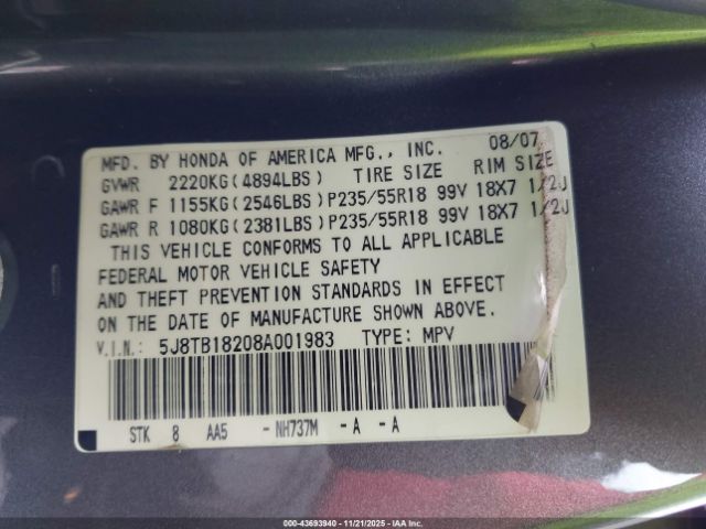 2008 ACURA RDX 5J8TB18208A001983 Photo 8