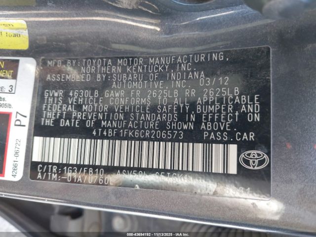 2012 TOYOTA CAMRY 4T4BF1FK6CR206573 Photo 8