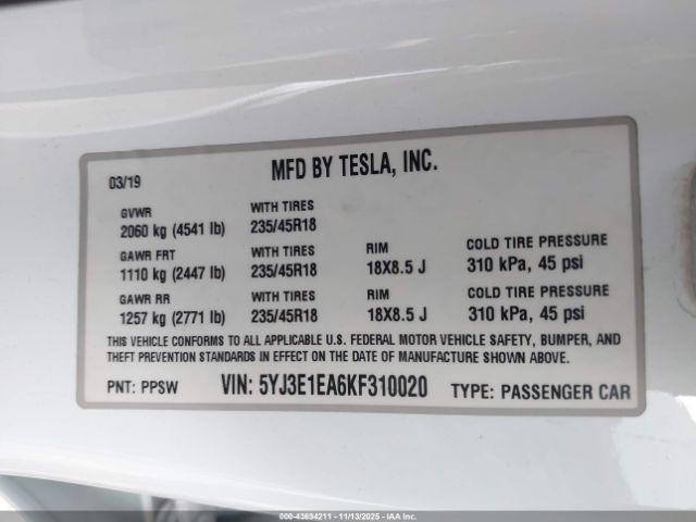 2019 TESLA MODEL 3 5YJ3E1EA6KF310020 Photo 8