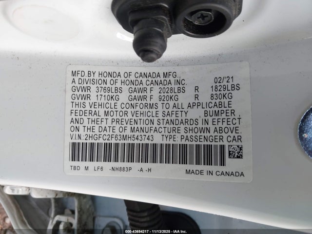 43694217 :رقم المزاد ، 2HGFC2F63MH543743 vin ، 2021 Honda Civic Lx مزاد بيع